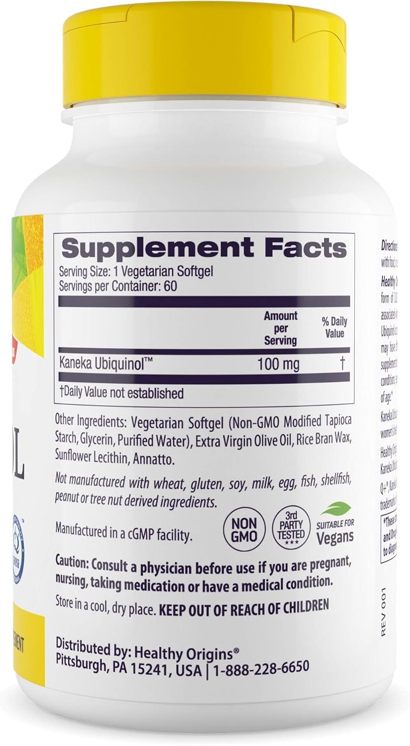 Healthy Origins Kaneka ubiquinol softgels labeled for vegan CoQ10 use.