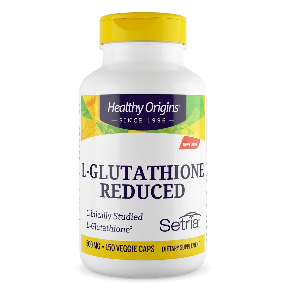 Healthy Origins L-Glutathione bottle shows antioxidant support for daily wellness.