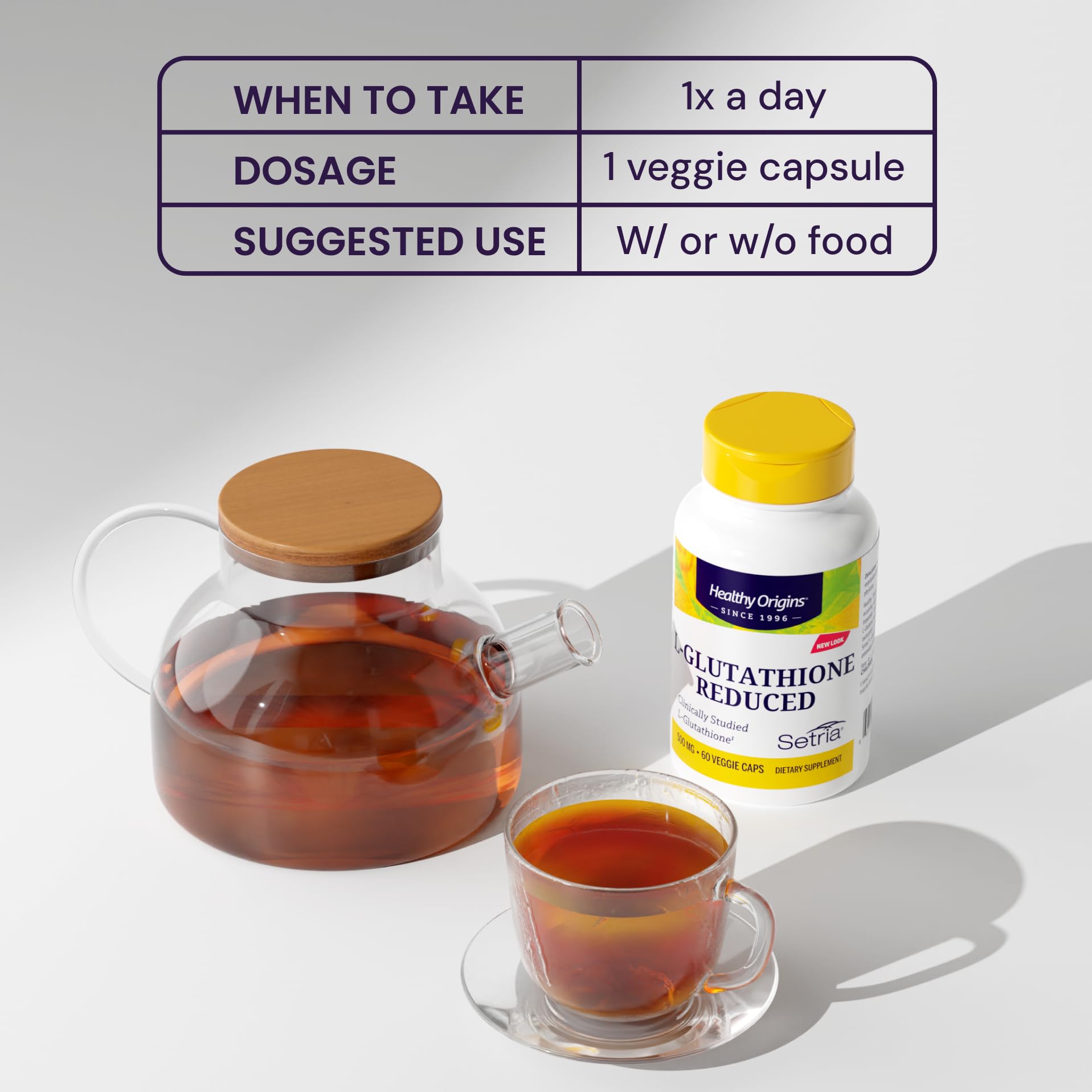 Healthy Origins L-Glutathione bottle label close-up, highlighting Setria ingredient and purity.