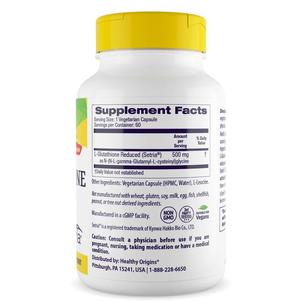 Close-up of Healthy Origins L-Glutathione Setria capsules for daily use.