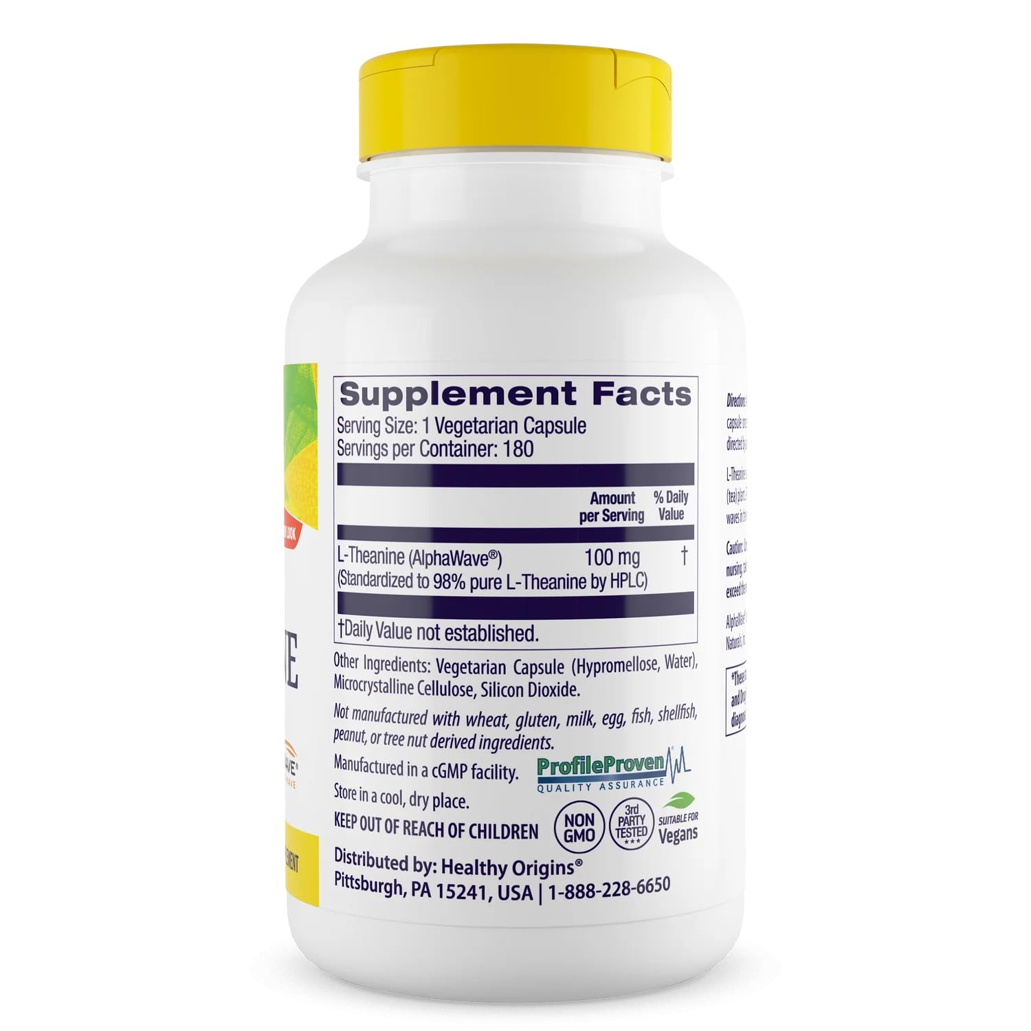Healthy Origins L-Theanine AlphaWave bottle label close-up for precise dosing.