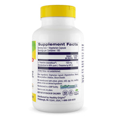 Healthy Origins L-Theanine AlphaWave bottle label close-up for precise dosing.