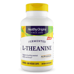 Healthy Origins L-Theanine 100 mg AlphaWave bottle for calm focus.