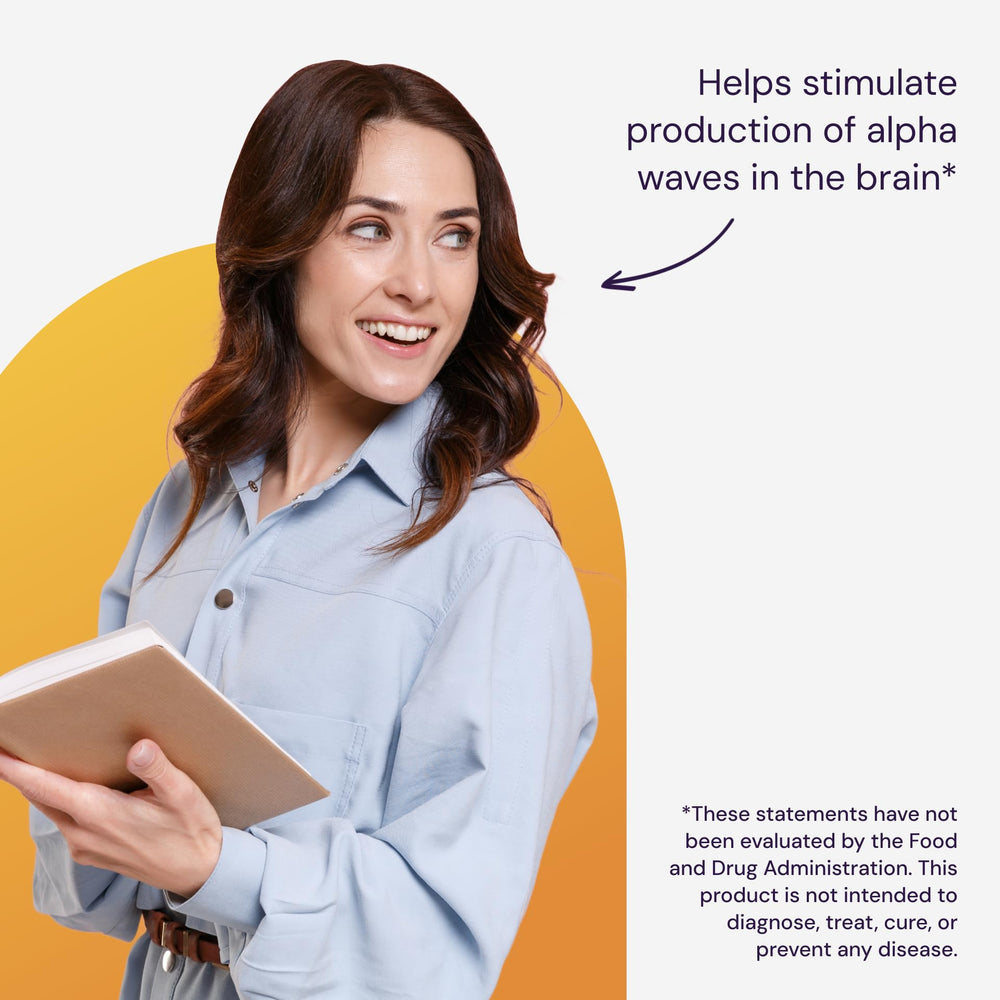 Healthy Origins L-Theanine AlphaWave derived from green tea plant imagery.