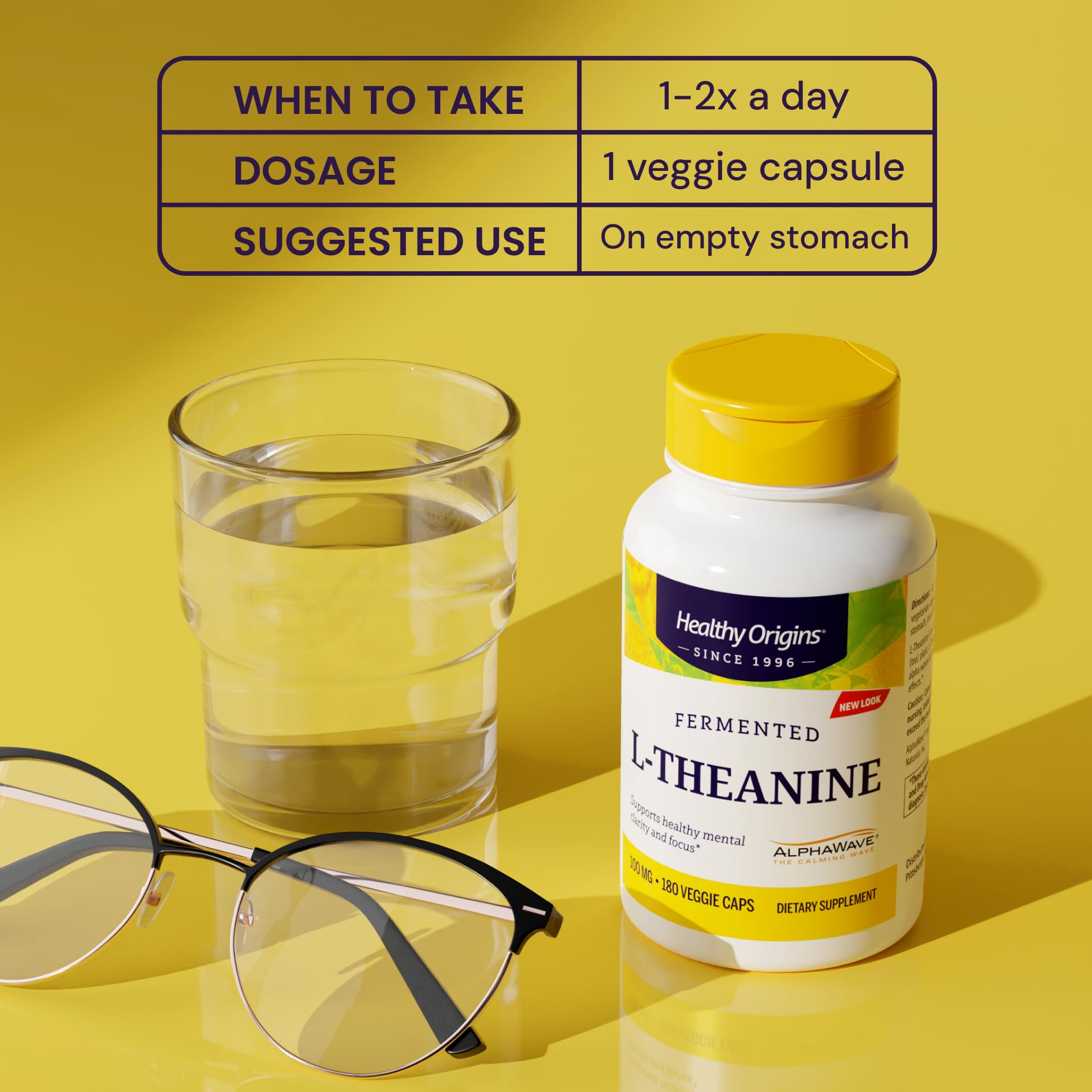Healthy Origins L-Theanine veggie capsules highlight non-GMO, gluten-free formulation.