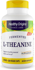 Healthy Origins L-Theanine 200 mg bottle front view showing product label and branding for calm focus