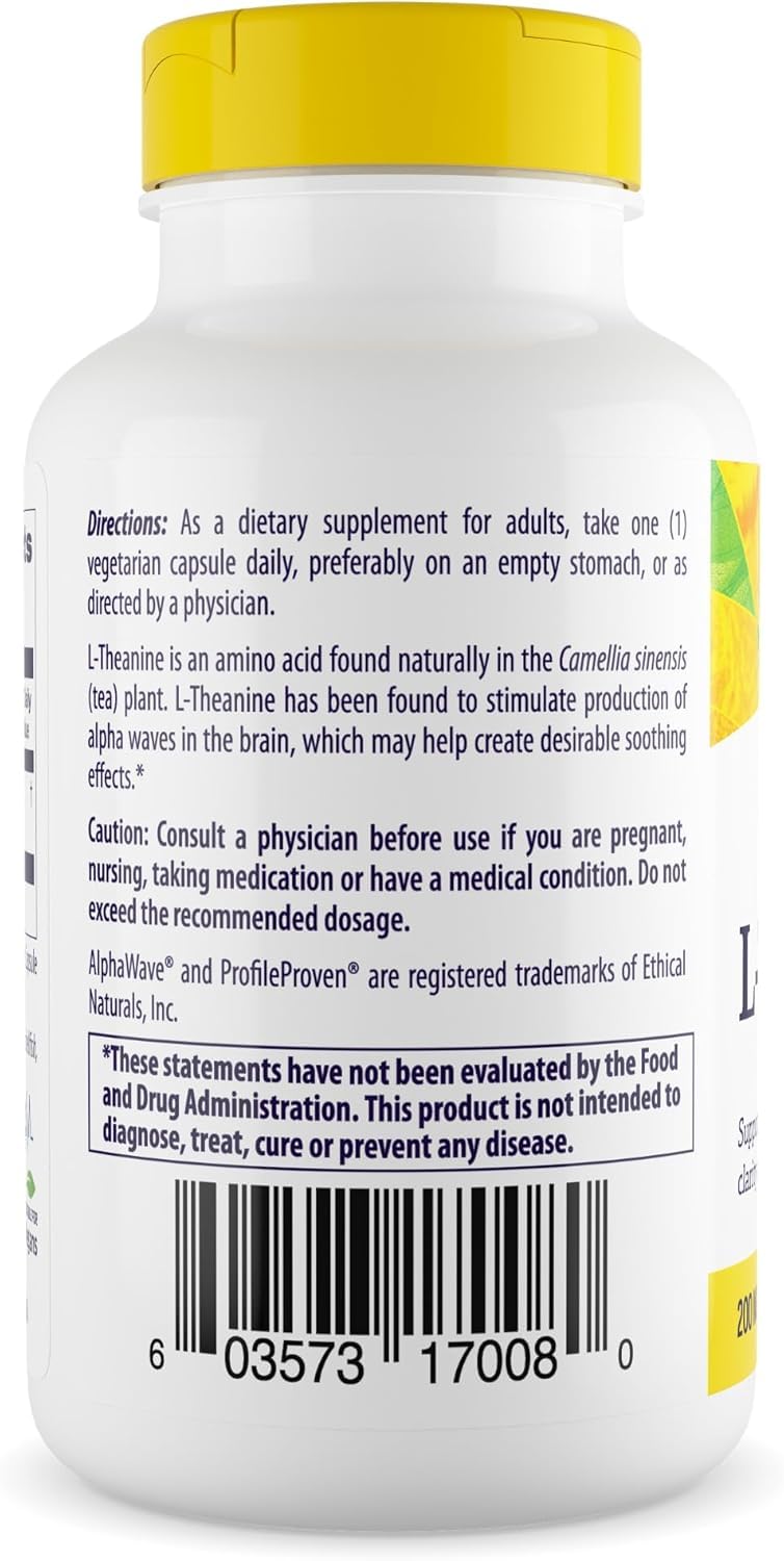 Healthy Origins L-Theanine 200 mg bottle label close-up highlighting AlphaWave detail