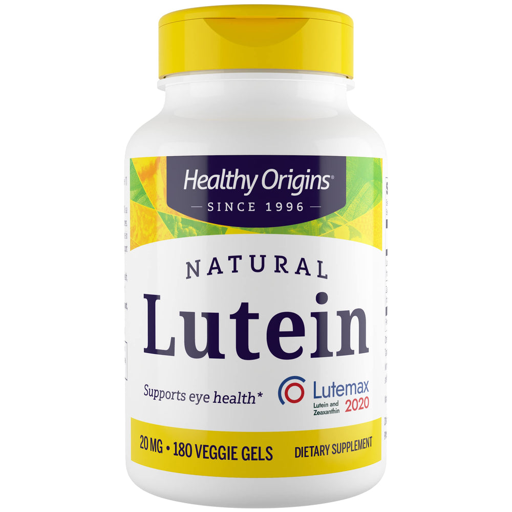 Healthy Origins Lutein 20mg bottle supports macular health and daily visual comfort.