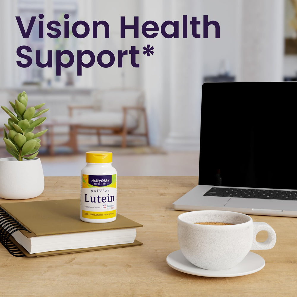 Healthy Origins Lutein macular support shot emphasizes blue-light filtration for reduced strain.