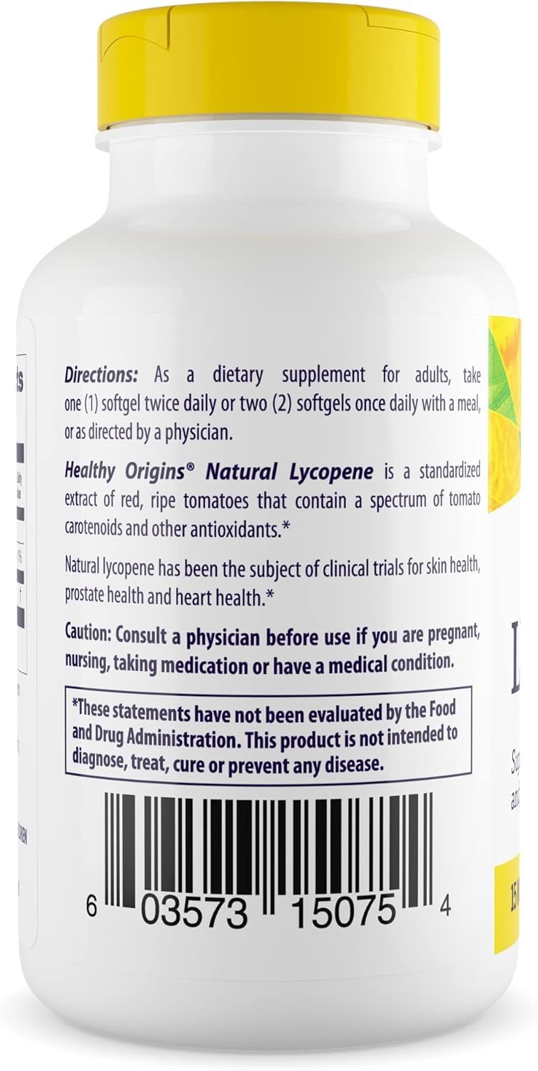 Healthy Origins Lycopene label and bottle showing non-GMO and gluten-free attributes for peace of mind.
