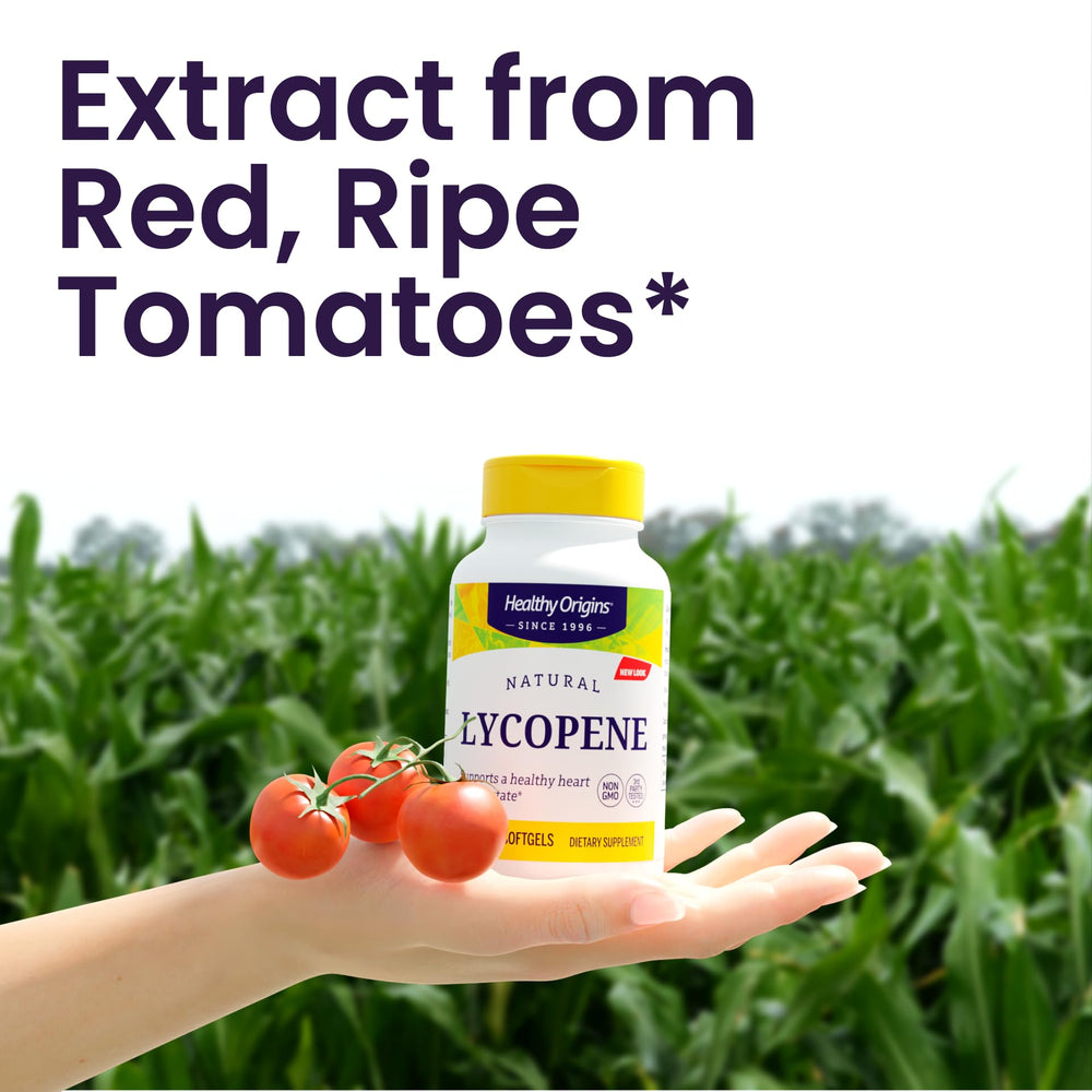 Healthy Origins Lycopene bottle front label highlights 15 mg dose and tomato carotenoids.
