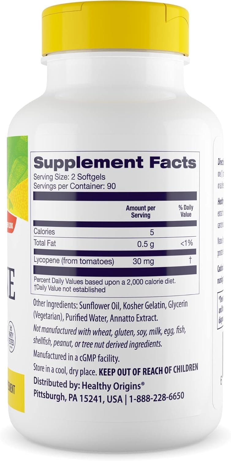 Healthy Origins Lycopene softgel capsule close-up highlighting natural extract and daily use.
