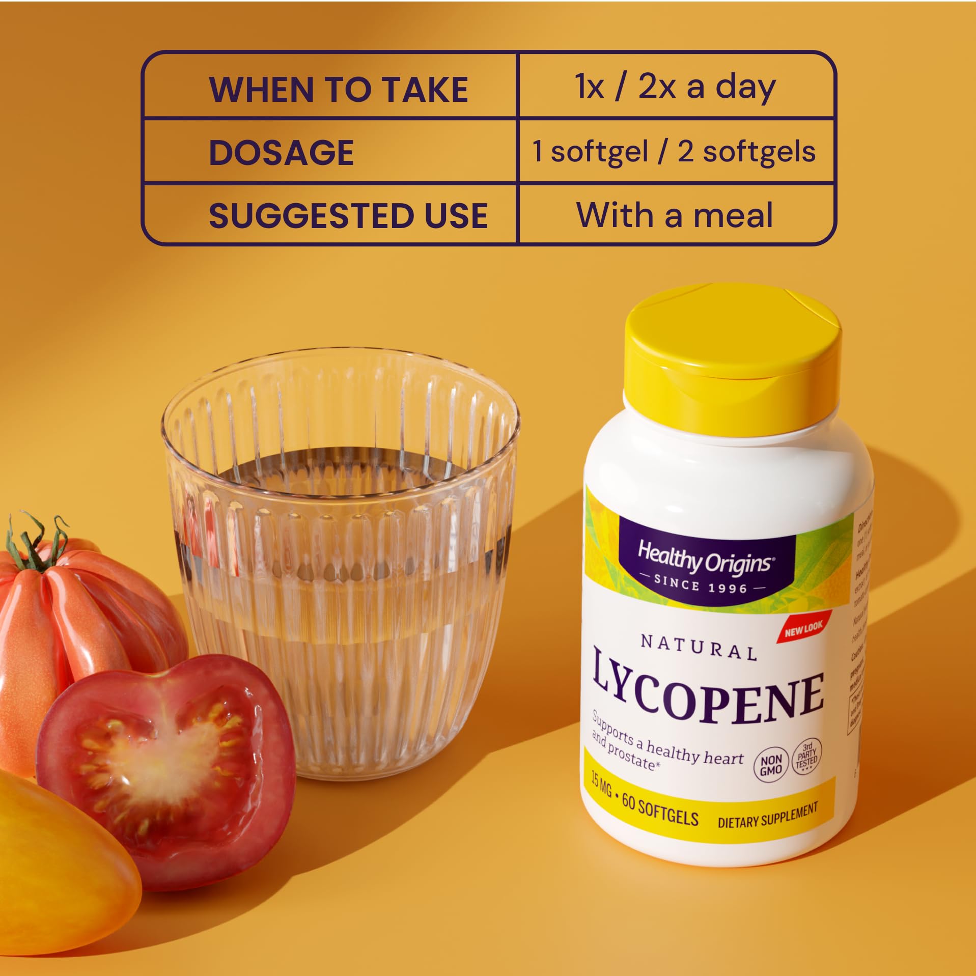 Healthy Origins Lycopene softgels resting in a hand showing easy-to-swallow size.