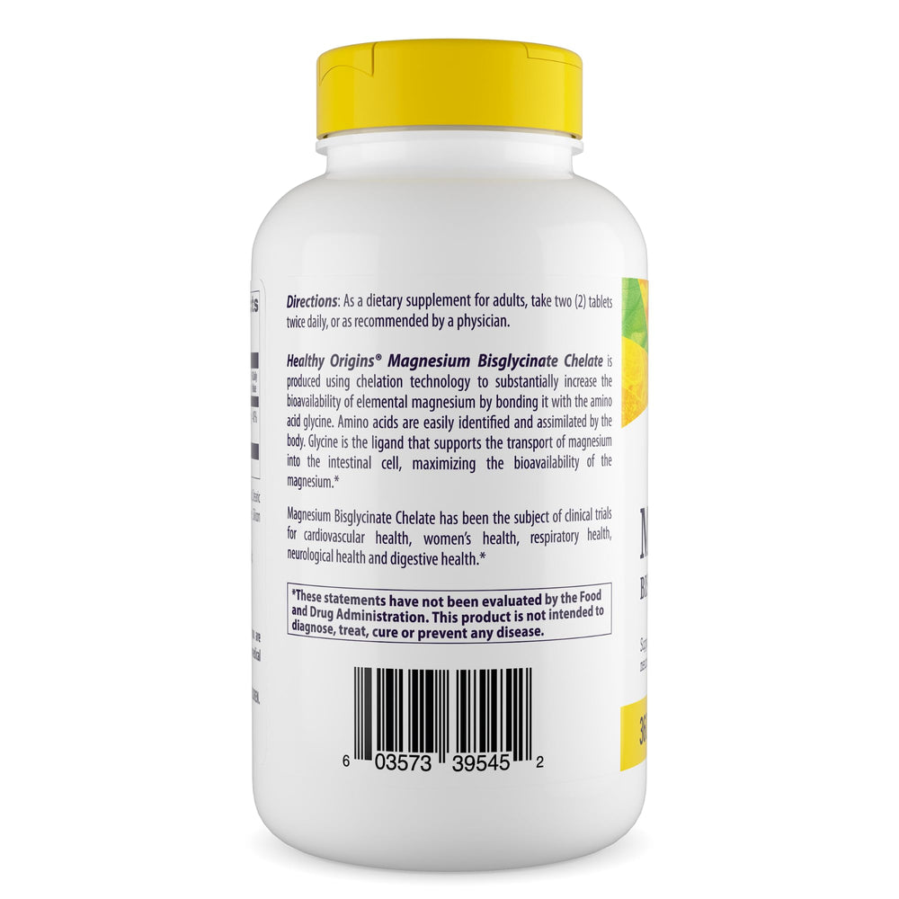 Healthy Origins Magnesium Bisglycinate Chelate label highlights Non-GMO and gluten-free ingredients.