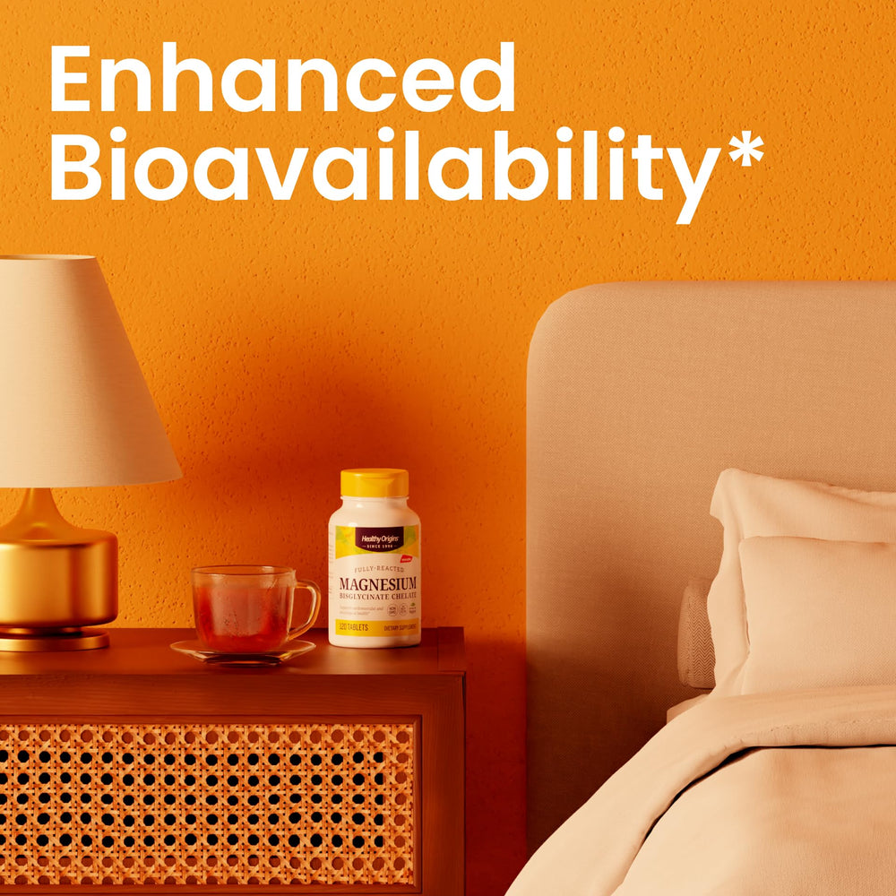 Healthy Origins Magnesium Bisglycinate Chelate tablets close-up showing gentle digestion benefits.