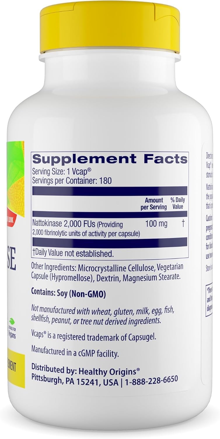 Healthy Origins nattokinase capsules highlight gluten-free, non-GMO daily use.