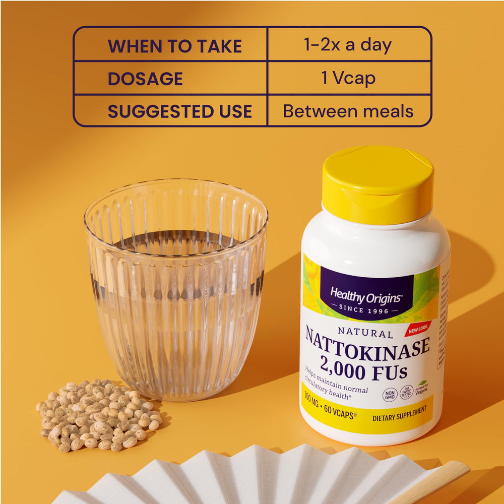 Healthy Origins nattokinase ingredients panel notes non-GMO soybeans and fermentation-derived enzyme.