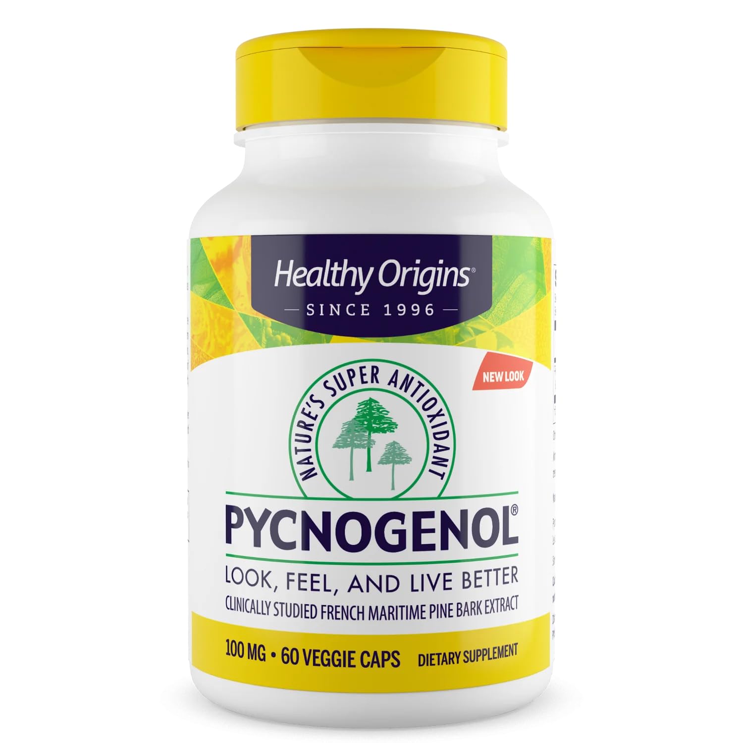 Healthy Origins Pycnogenol 100 mg bottle showing label, for daily antioxidant support