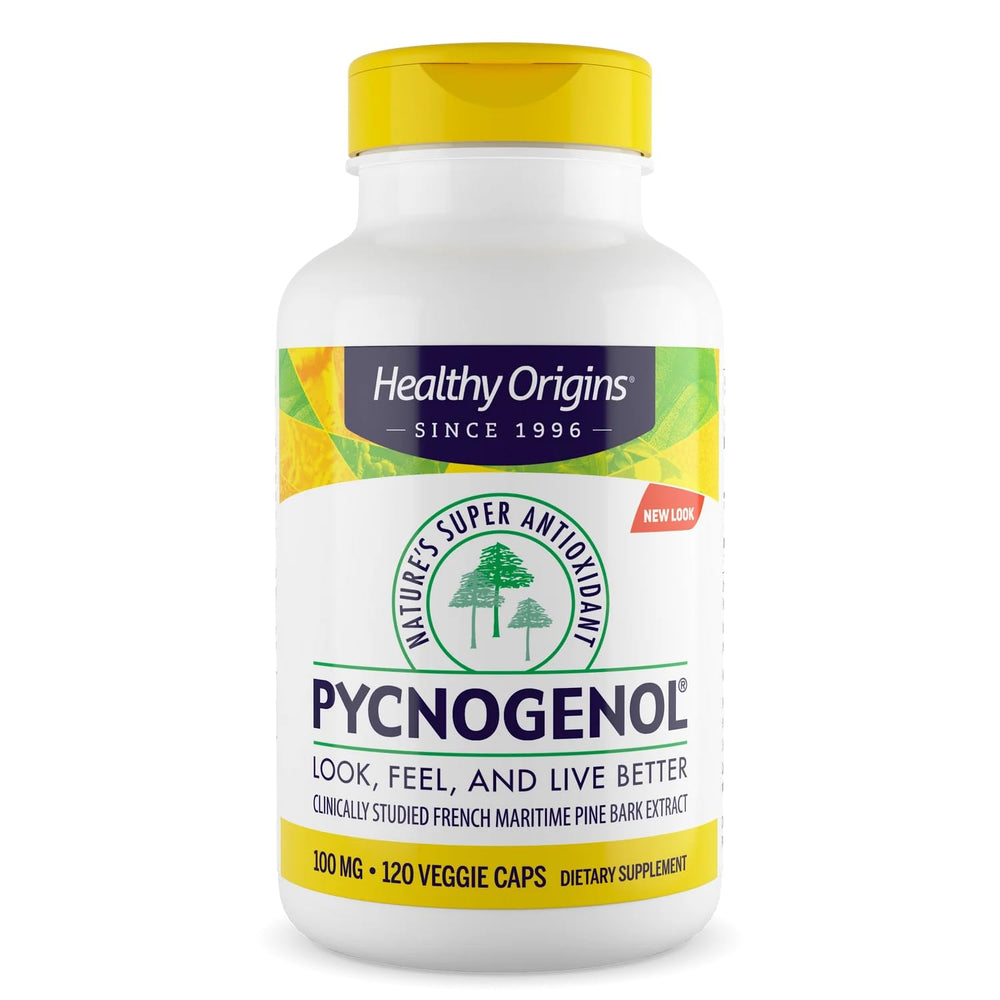 Healthy Origins Pycnogenol 100 mg bottle showing cardiovascular support potential