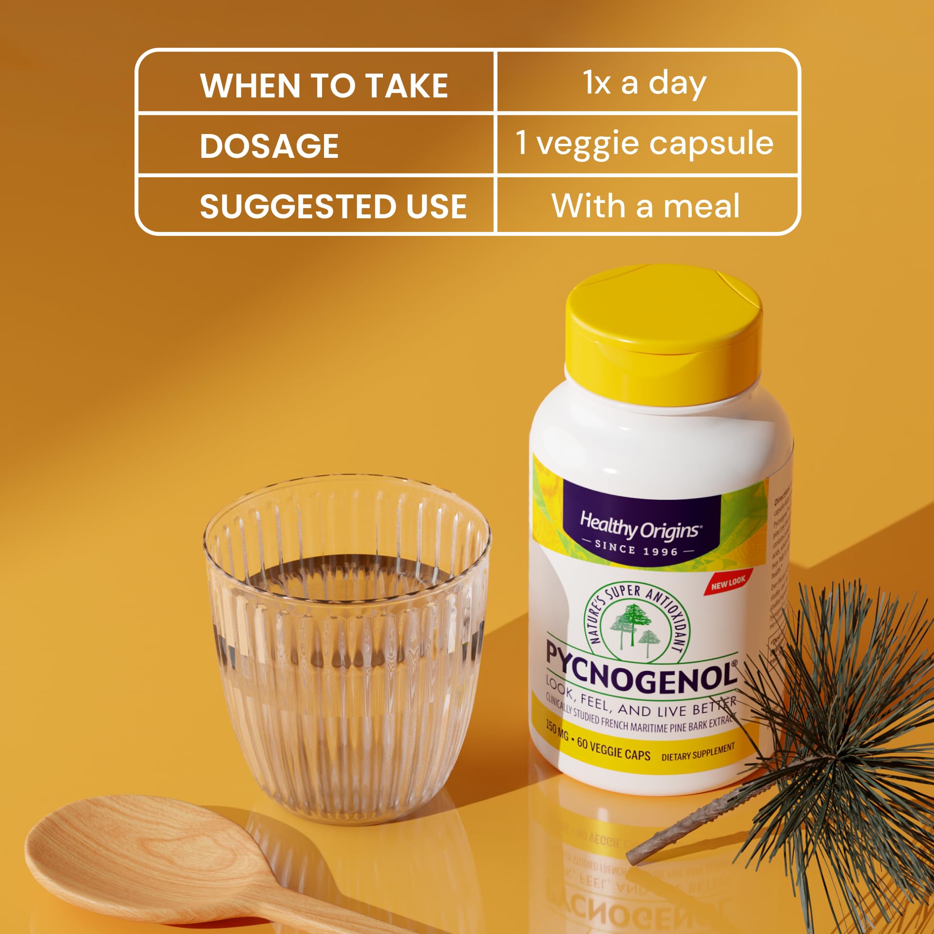 Back label detail of Healthy Origins Pycnogenol 150 mg with ingredient information.