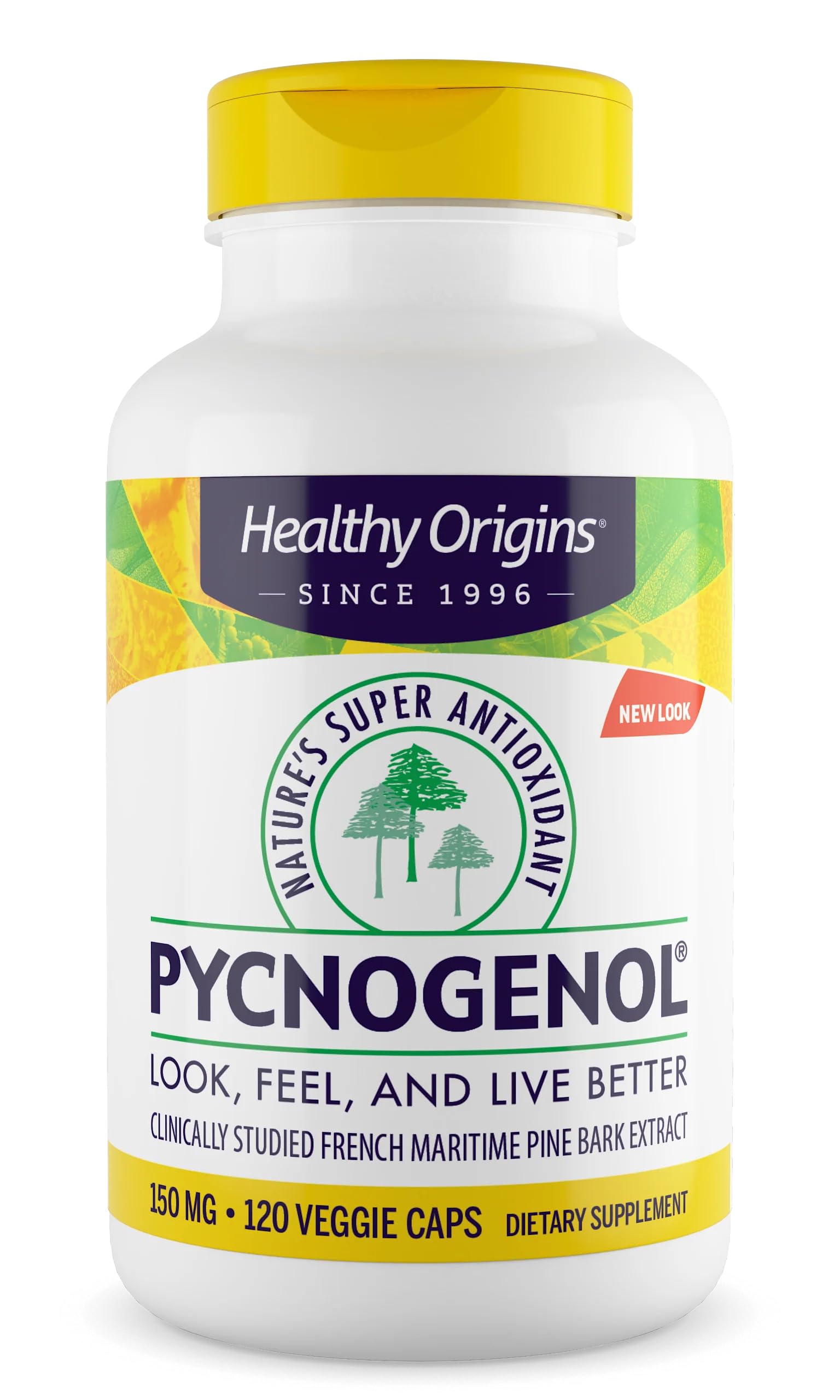 Healthy Origins Pycnogenol 150 mg bottle with capsules, highlighting antioxidant support.
