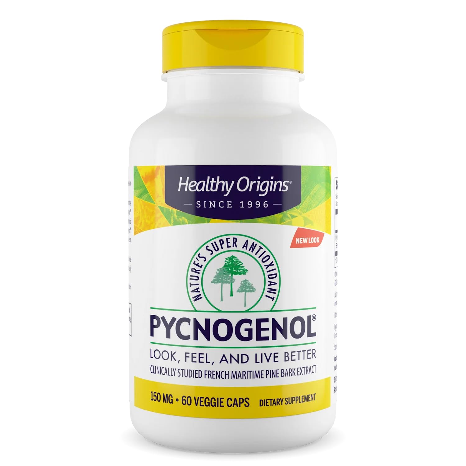 Healthy Origins Pycnogenol 150 mg bottle showing the French maritime pine bark extract for antioxidant support.