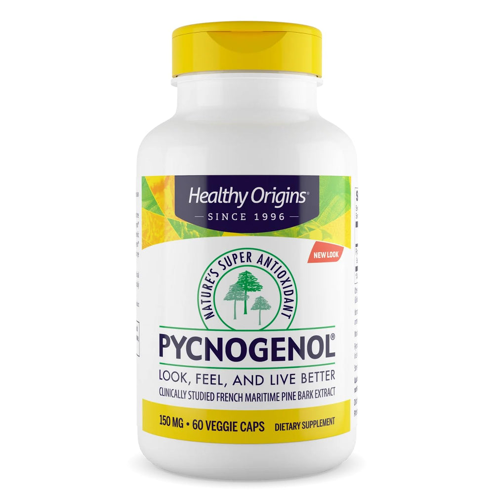 Healthy Origins Pycnogenol 150 mg bottle showing the French maritime pine bark extract for antioxidant support.