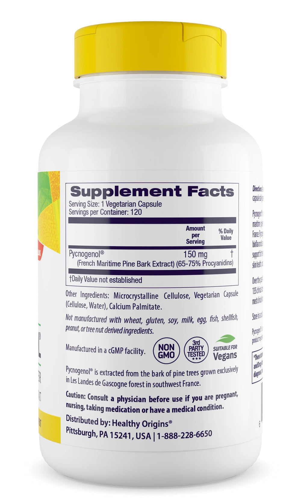 Healthy Origins Pycnogenol 150 mg capsules on a clean surface for circulatory support.