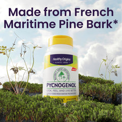 Pycnogenol 150 mg front packaging highlighting premium pine bark extract by Healthy Origins.