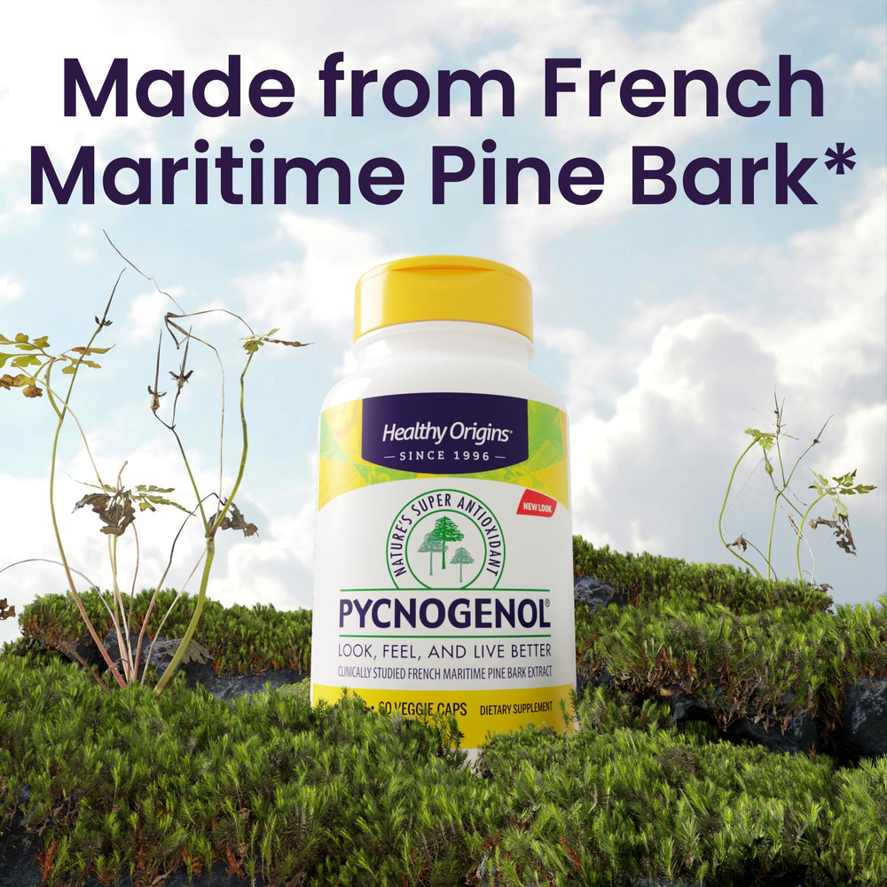 Healthy Origins Pycnogenol label front with gluten-free formula