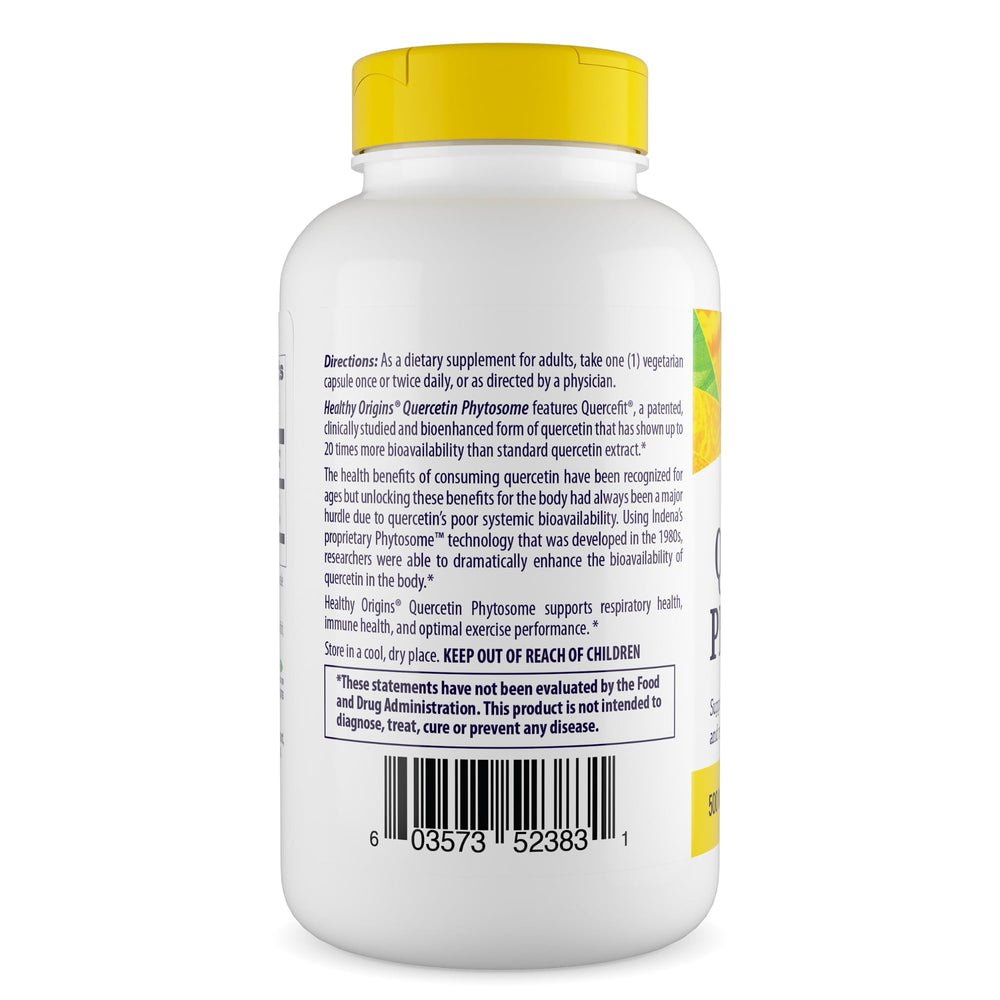 Healthy Origins Quercetin Phytosome 500mg label emphasizes bioenhanced quercetin option.