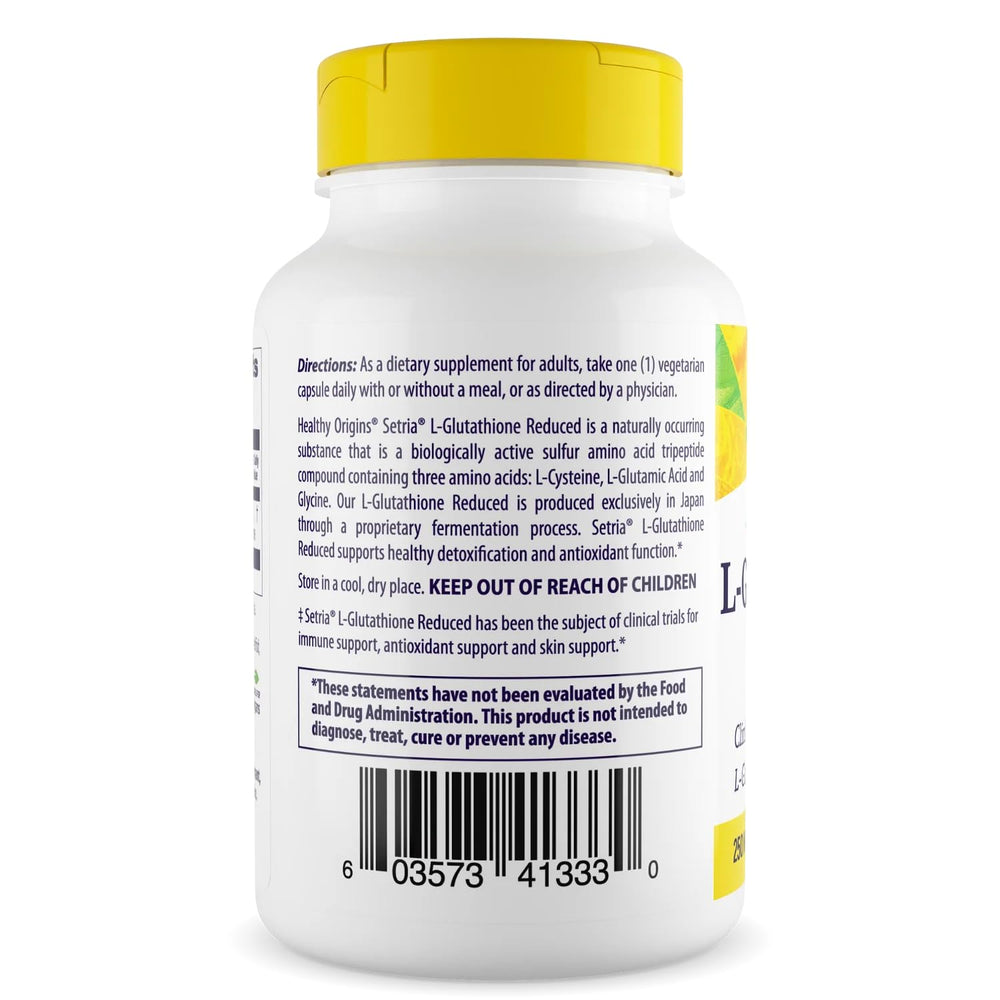 Healthy Origins Setria L-Glutathione label closeup, emphasizing purity and pharmaceutical-grade quality.