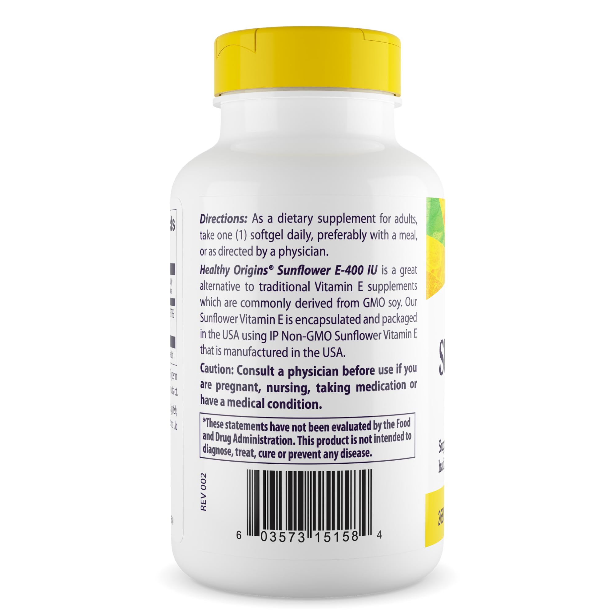 Healthy Origins Sunflower Vitamin E-400 IU softgels closeup for easy daily intake.