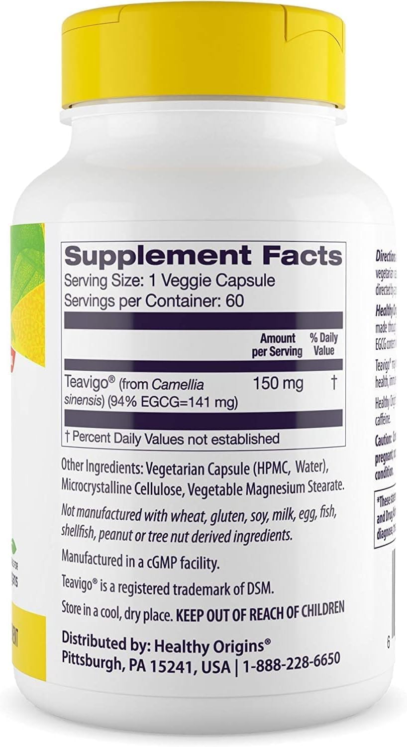 Healthy Origins Teavigo bottle cap closeup emphasizing quality and freshness.