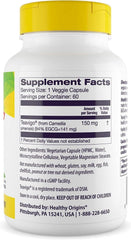 Healthy Origins Teavigo bottle cap closeup emphasizing quality and freshness.
