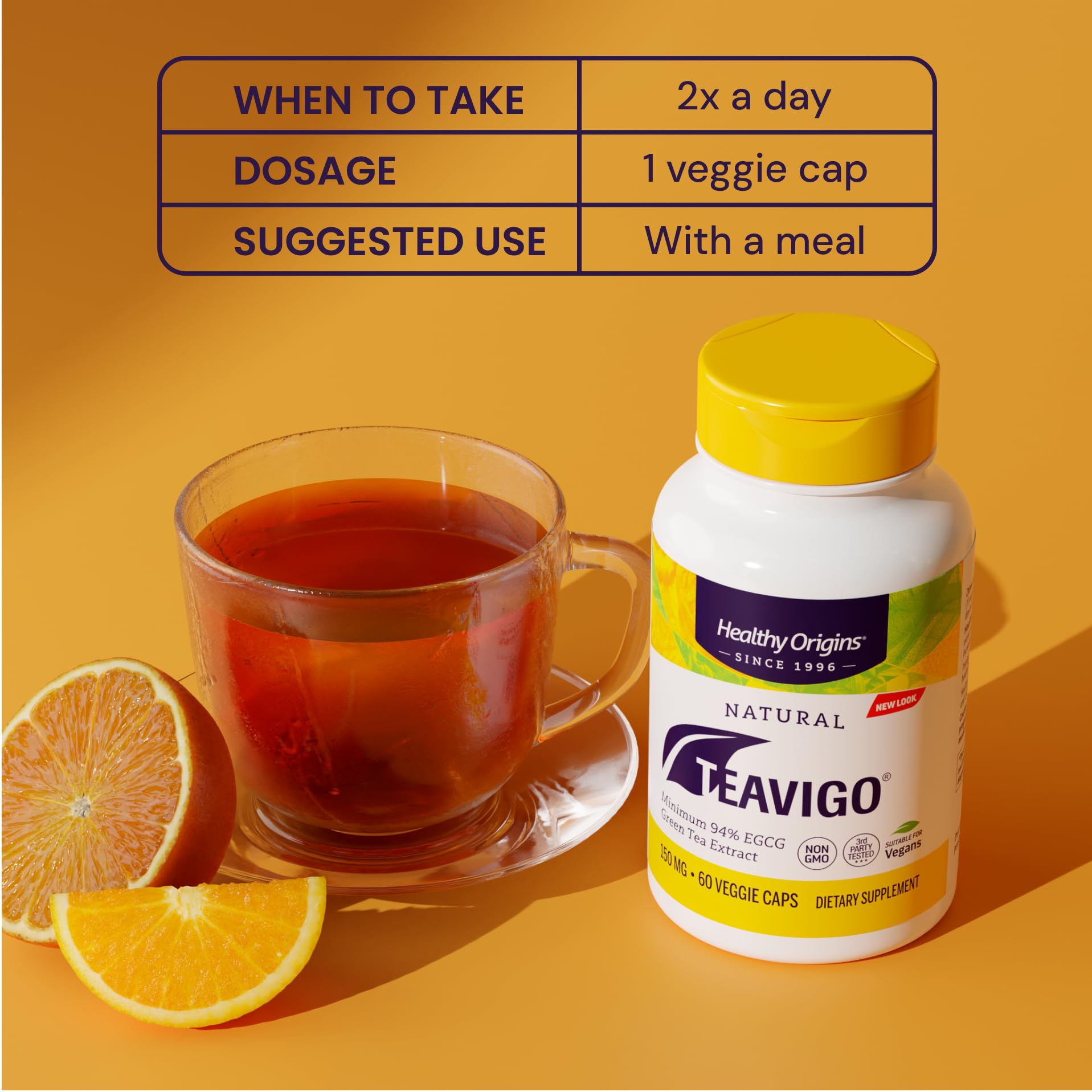 Healthy Origins Teavigo box packaging showcases clean labels and high-purity extraction.