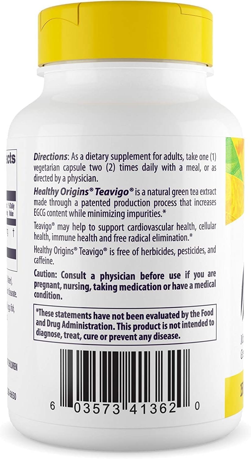 Healthy Origins Teavigo veggie capsules ready to take for caffeine-free energy support.