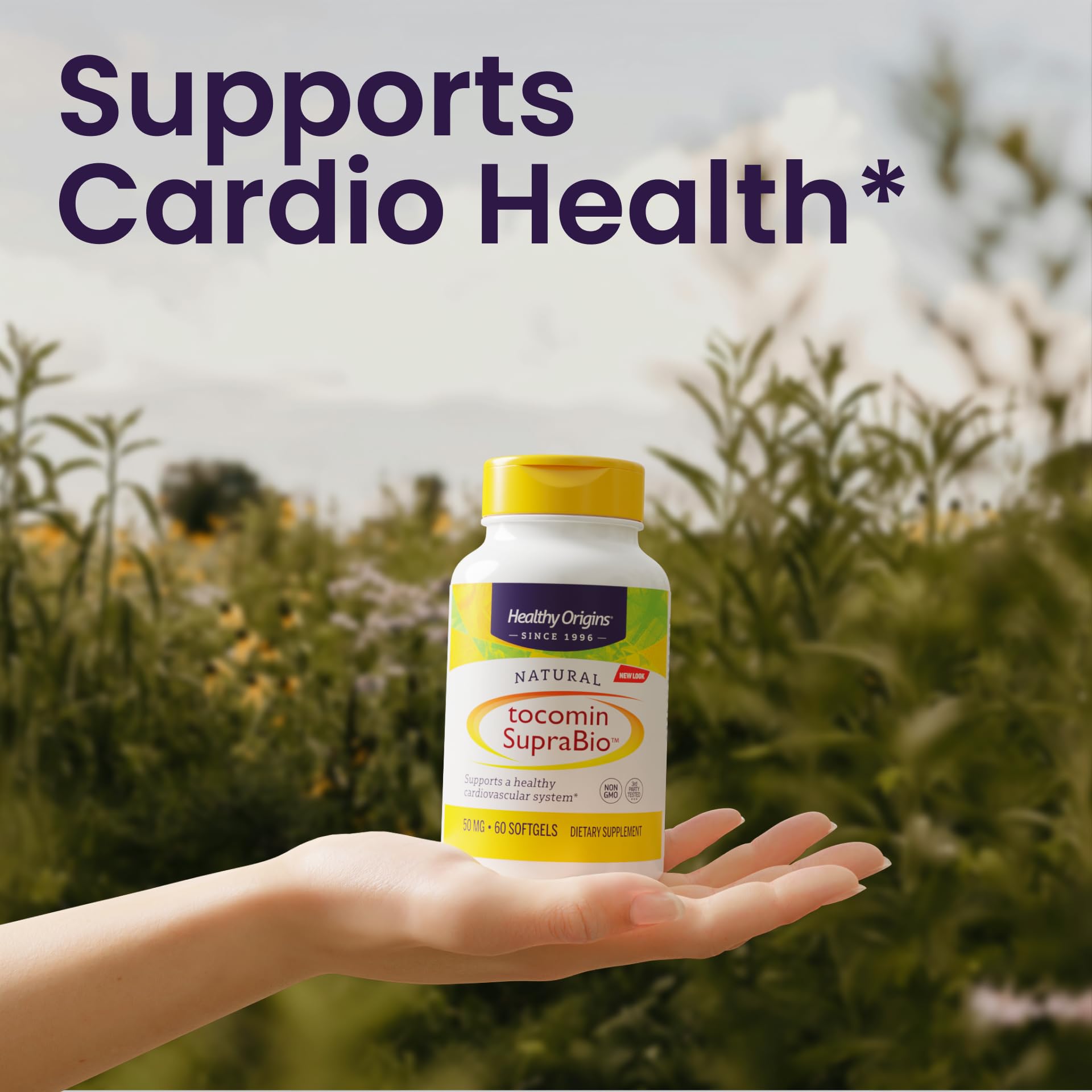 Healthy Origins Tocomin SupraBio bottle pour captures convenient daily supplementation.