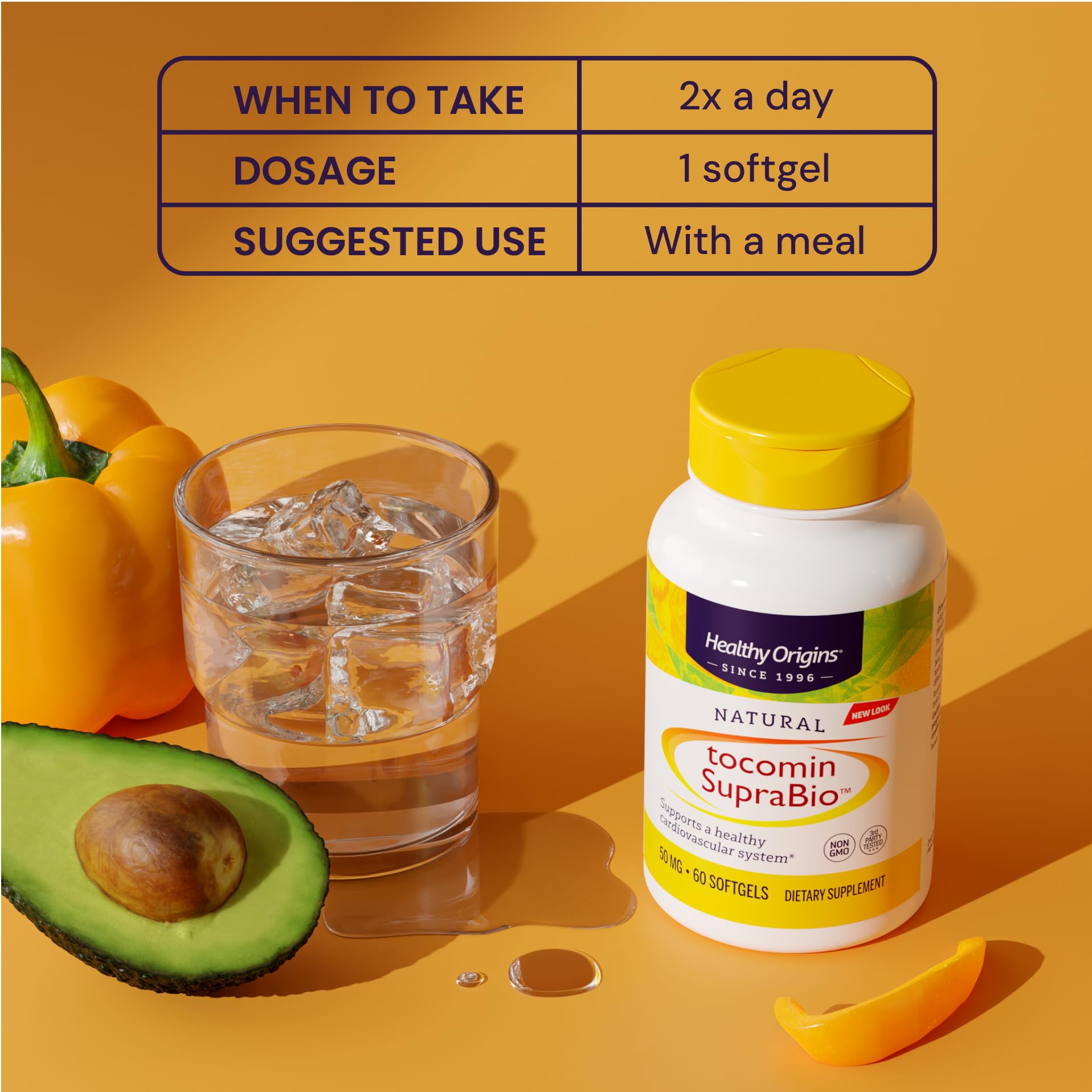 Healthy Origins Tocomin SupraBio packaging exterior conveys gluten free and non-GMO.