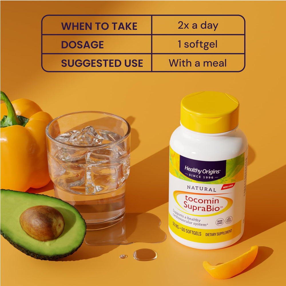 Healthy Origins Tocomin SupraBio packaging exterior conveys gluten free and non-GMO.