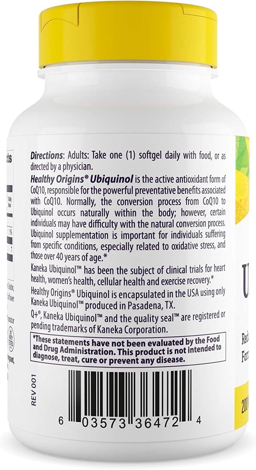 Label on Healthy Origins ubiquinol bottle highlighting gluten-free and Non-GMO