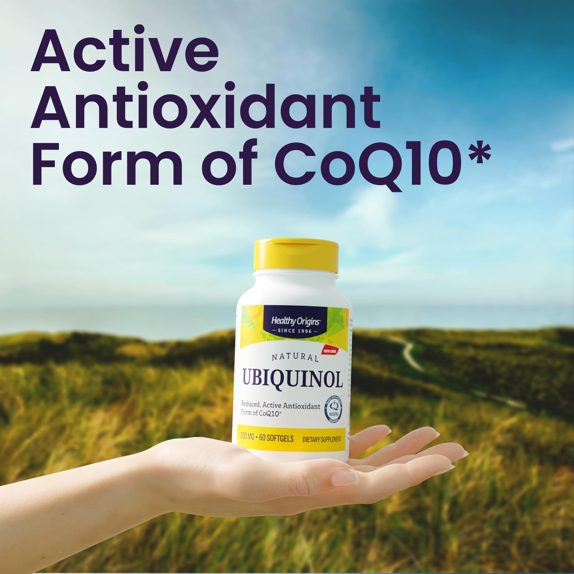 Healthy Origins ubiquinol bottle on counter for daily routine