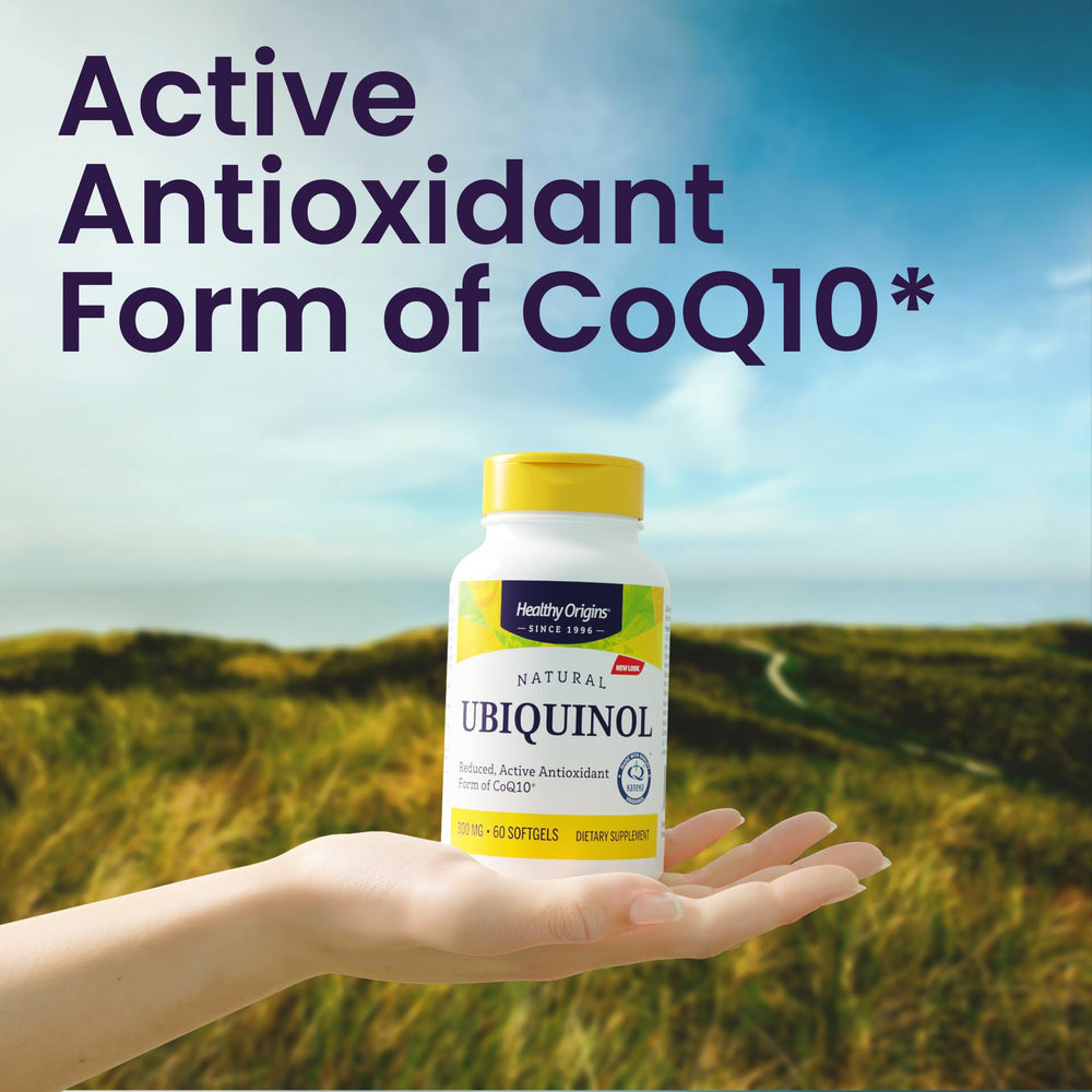 Healthy Origins ubiquinol bottle on counter for daily routine