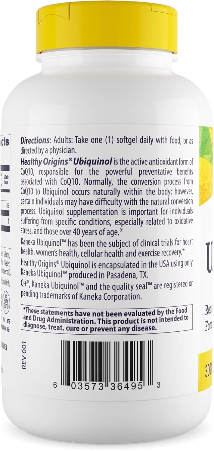 Healthy Origins ubiquinol 300mg label close-up showing active CoQ10 form