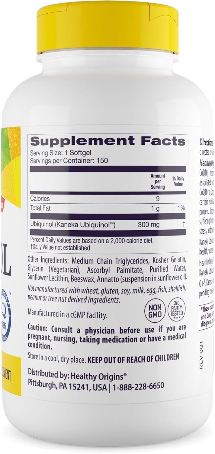 Close-up of Healthy Origins ubiquinol softgels for easy swallowing