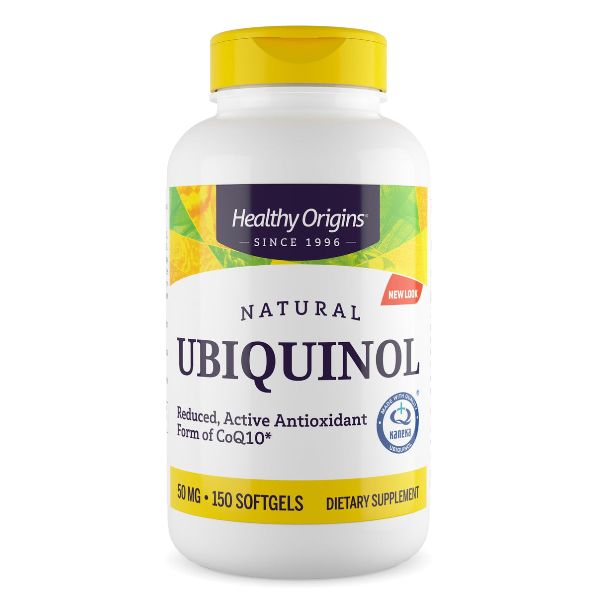 Healthy Origins Ubiquinol bottle front shows active CoQ10 for daily energy support