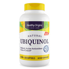 Healthy Origins Ubiquinol bottle front shows active CoQ10 for daily energy support
