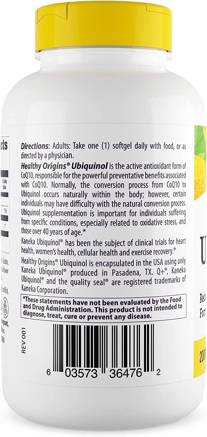 Healthy Origins ubiquinol bottle label close-up with Kaneka form and testing