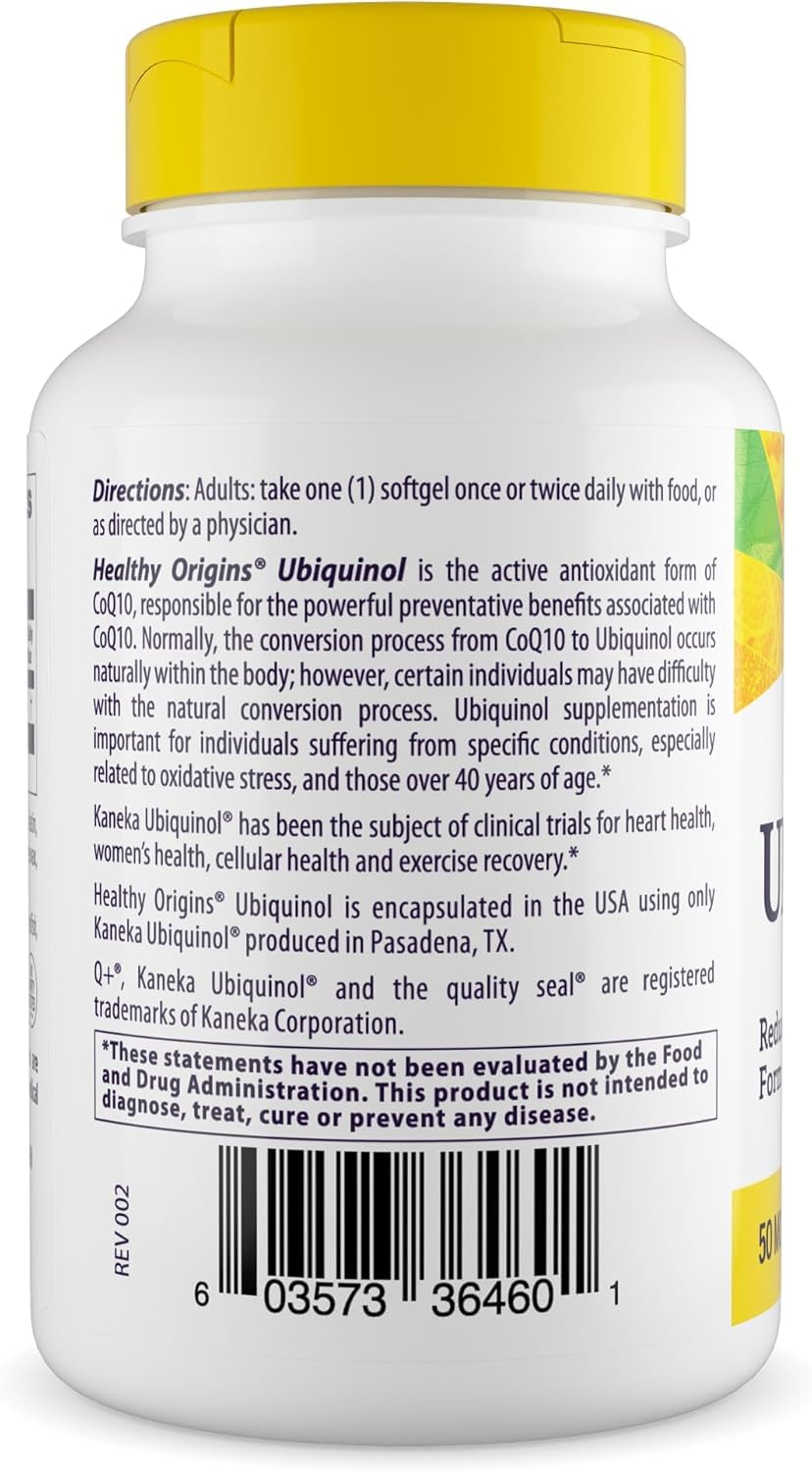 Healthy Origins Ubiquinol bottle label highlights gluten free and non GMO quality