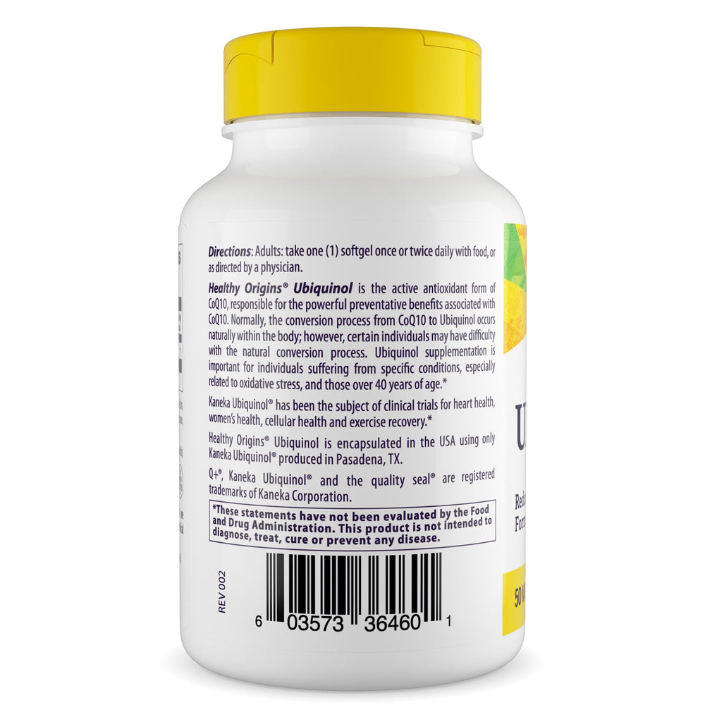 Healthy Origins ubiquinol bottle label notes Kaneka Ubiquinol and gluten-free formula.
